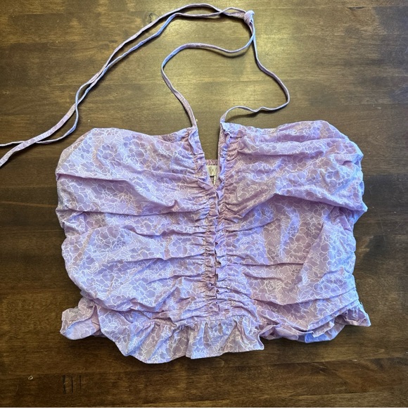 WAYF Purple & White Floral Print "Riviera" Ruched Halter Tie Top Medium - Picture 1 of 5